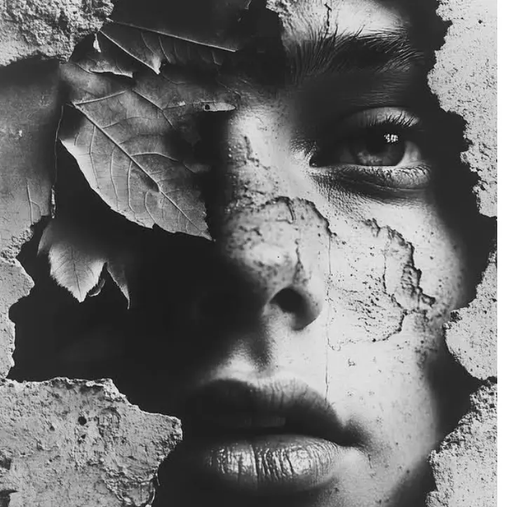 Abstract black-and-white charcoal portrait of a face partially concealed by cracked plaster and a textured leaf, creating a surreal fine art composition with dramatic contrast