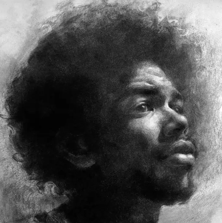 Expressive black-and-white charcoal portrait of a person with textured curly hair looking upward, featuring dramatic lighting, realistic facial details, and soft charcoal shading