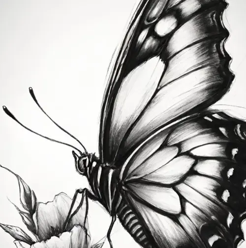 Detailed black-and-white charcoal drawing of a butterfly resting on a flower, featuring intricate wing patterns, fine linework, and realistic shading