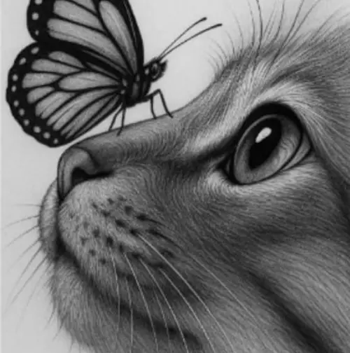 Realistic charcoal drawing of a curious kitten gazing at a butterfly perched on its nose, featuring detailed fur texture, expressive eyes, and soft pencil shading