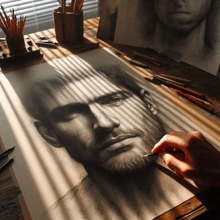 A professional artist sketching a realistic pencil portrait of a bearded man on a drawing board in a sunlit art studio. The workspace features graphite pencils, drawing tools, and warm natural light, highlighting the detailed shading and lifelike facial features of the portrait